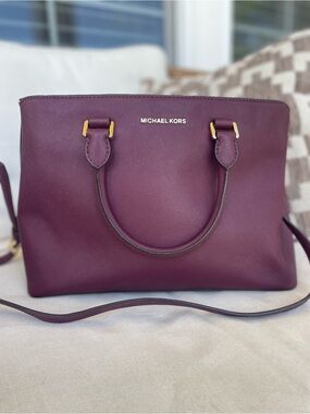 Michael Kors Plum Top-Handle Saffiano Satchel with Gold Hardware